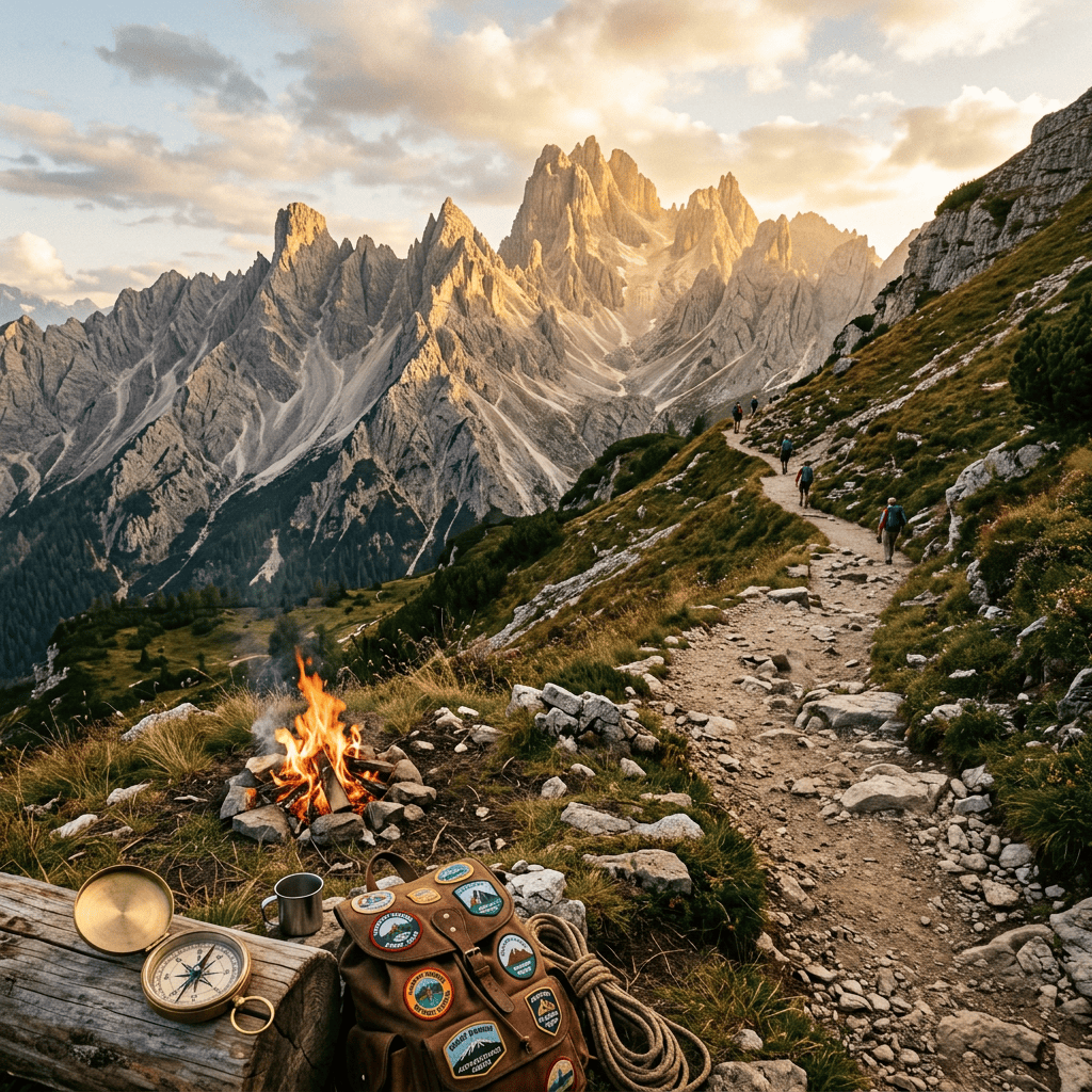 Hikers follow an alpine trail beneath jagged mountains, with a campfire and hiking gear